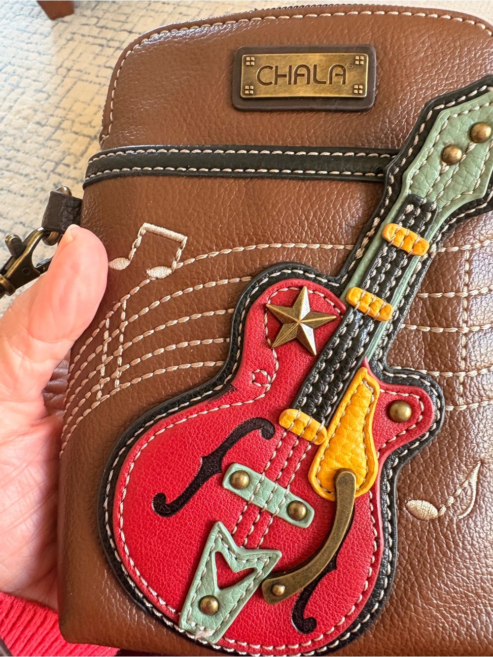 Chala Brown Mini Crossbody with Red Guitar Applique - Picture 2 of 4